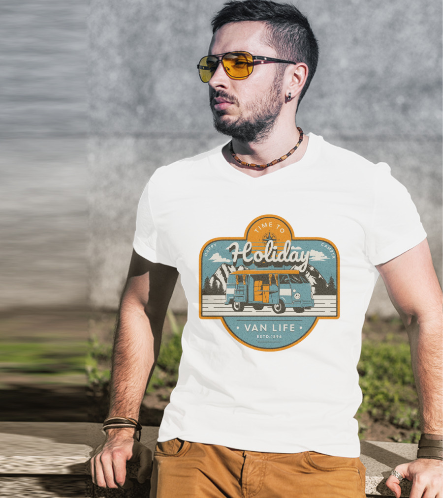 Time To Holiday Happy Camper Van Life Estd. 1896 T-Shirt