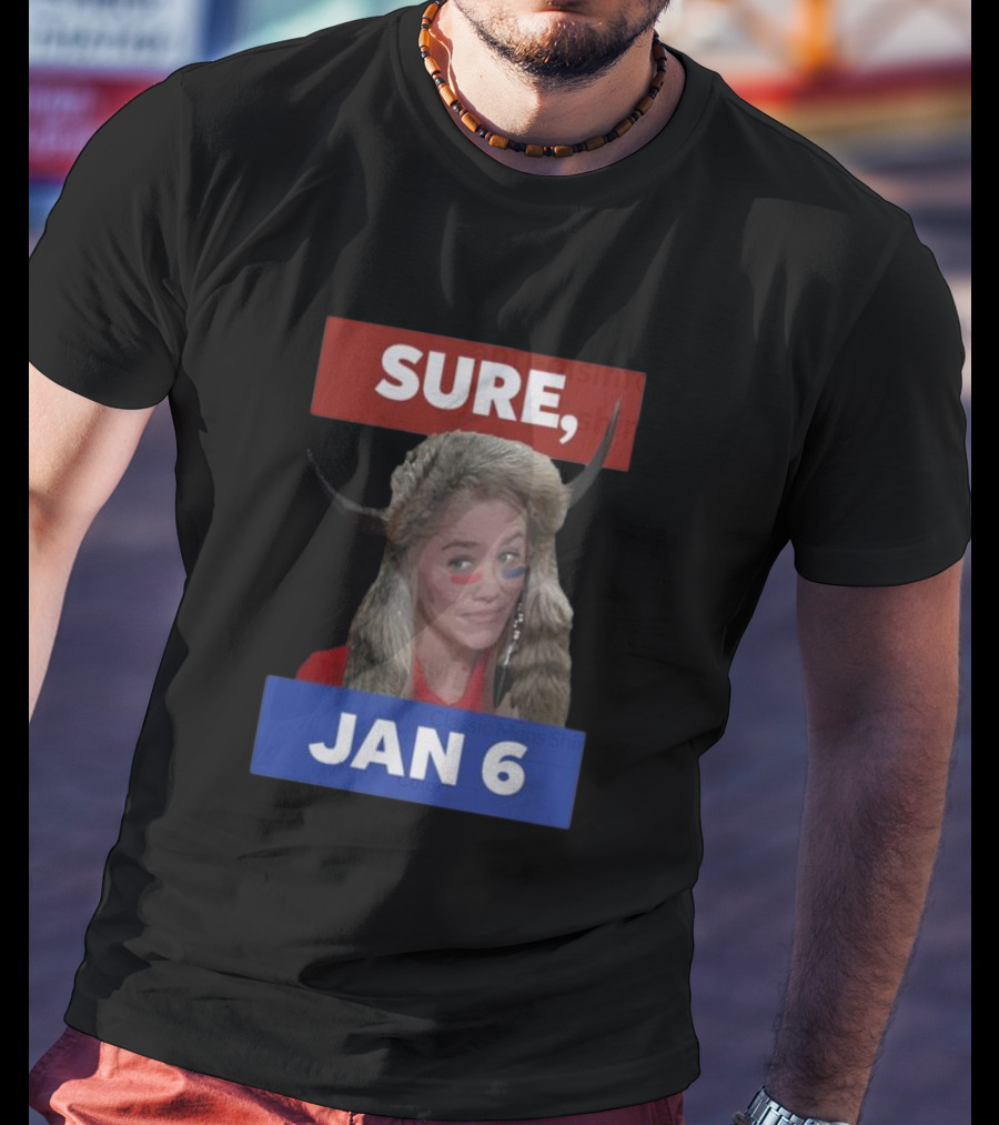 Jim Stewartson Anti-Disinfo Activist Sure Jan 6 Horned Headdress Red Blue Face Paint T-Shirt