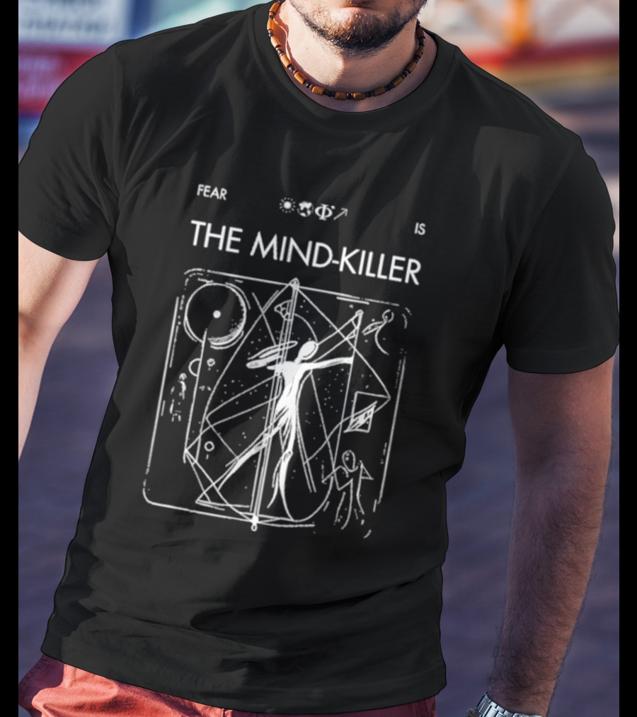 Fear Is The Mind-Killer Geometric Astronaut Design With Cosmic Symbols And Figures T-Shirt