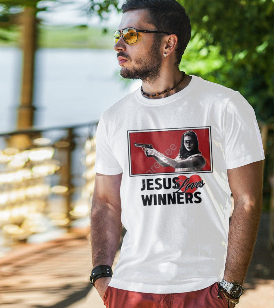 Super Yaki Jesus Loves Winners Red Gun Woman T-Shirt