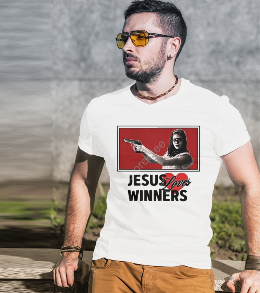 Super Yaki Jesus Loves Winners Red Gun Woman T-Shirt