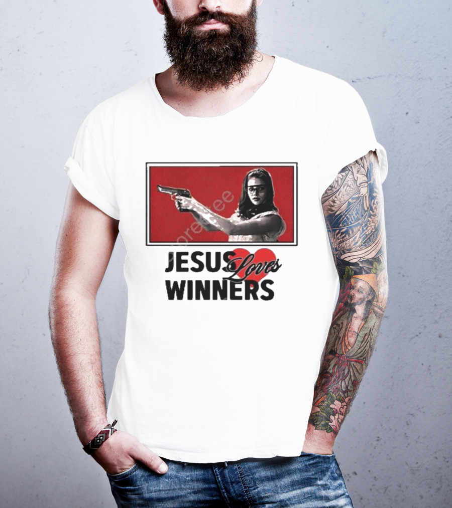 Super Yaki Jesus Loves Winners Red Gun Woman T-Shirt