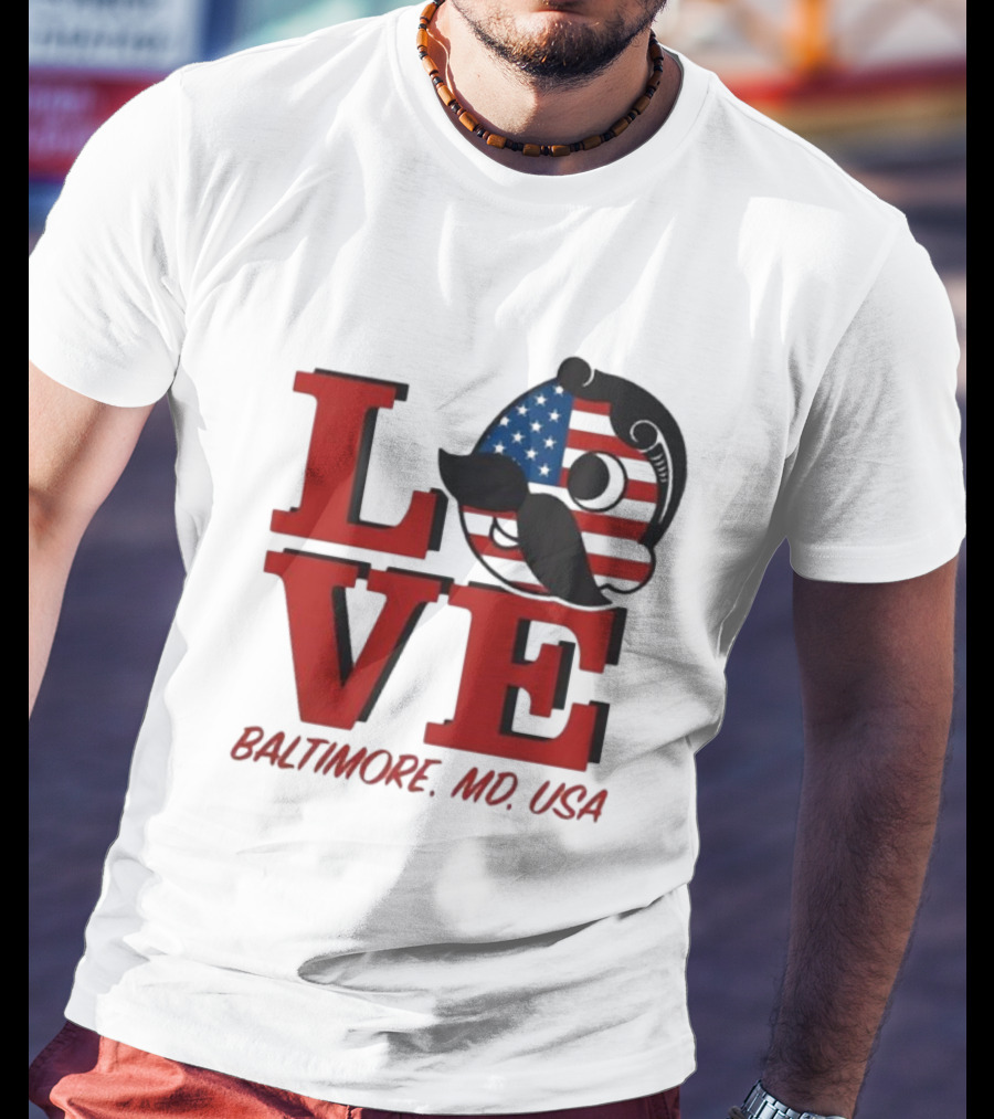 Love Baltimore MD USA National Bohemian American Flag Mustache T-Shirt