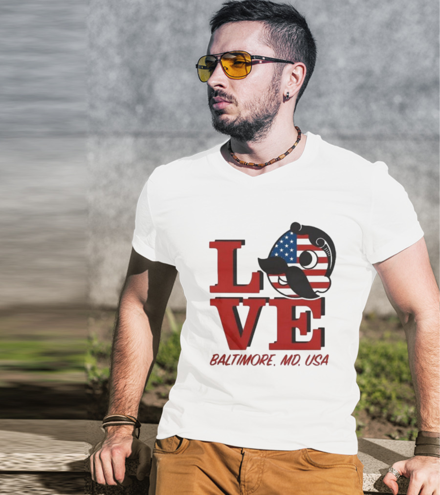 Love Baltimore MD USA National Bohemian American Flag Mustache T-Shirt