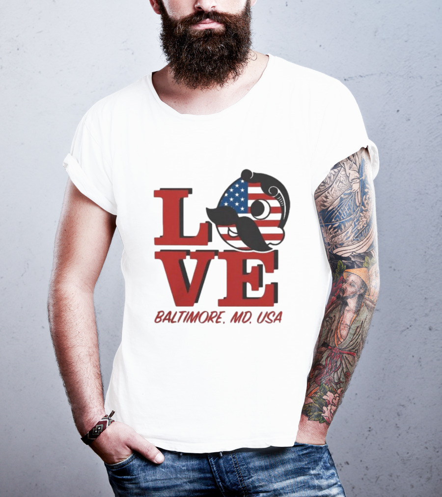 Love Baltimore MD USA National Bohemian American Flag Mustache T-Shirt
