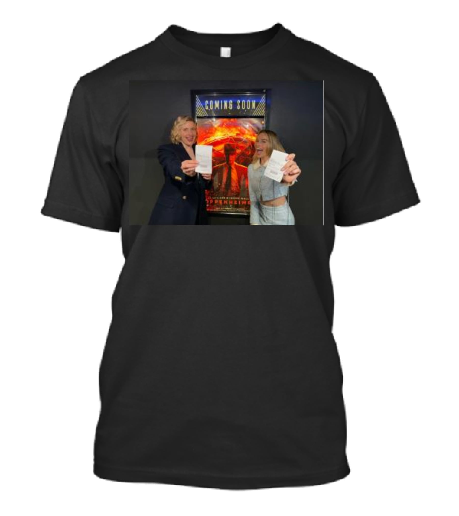 Coming Soon Oppenheimer Greta Gerwig Margot Robbie Holding Tickets T-Shirt