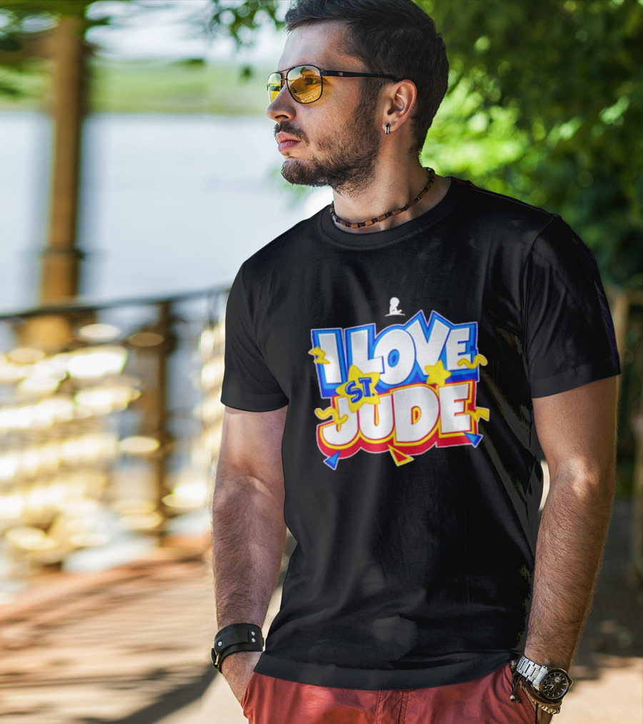 I Love St Jude Cartoon Yellow Stars And Blue Outline T-Shirt