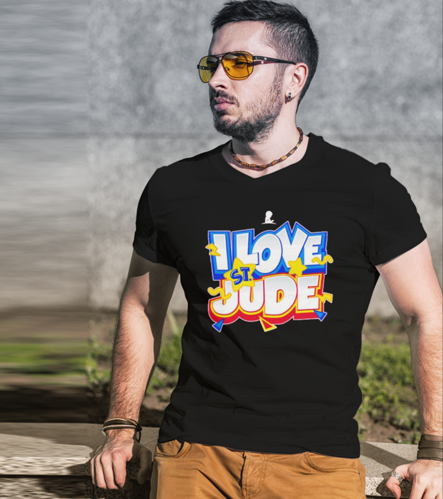 I Love St Jude Cartoon Yellow Stars And Blue Outline T-Shirt