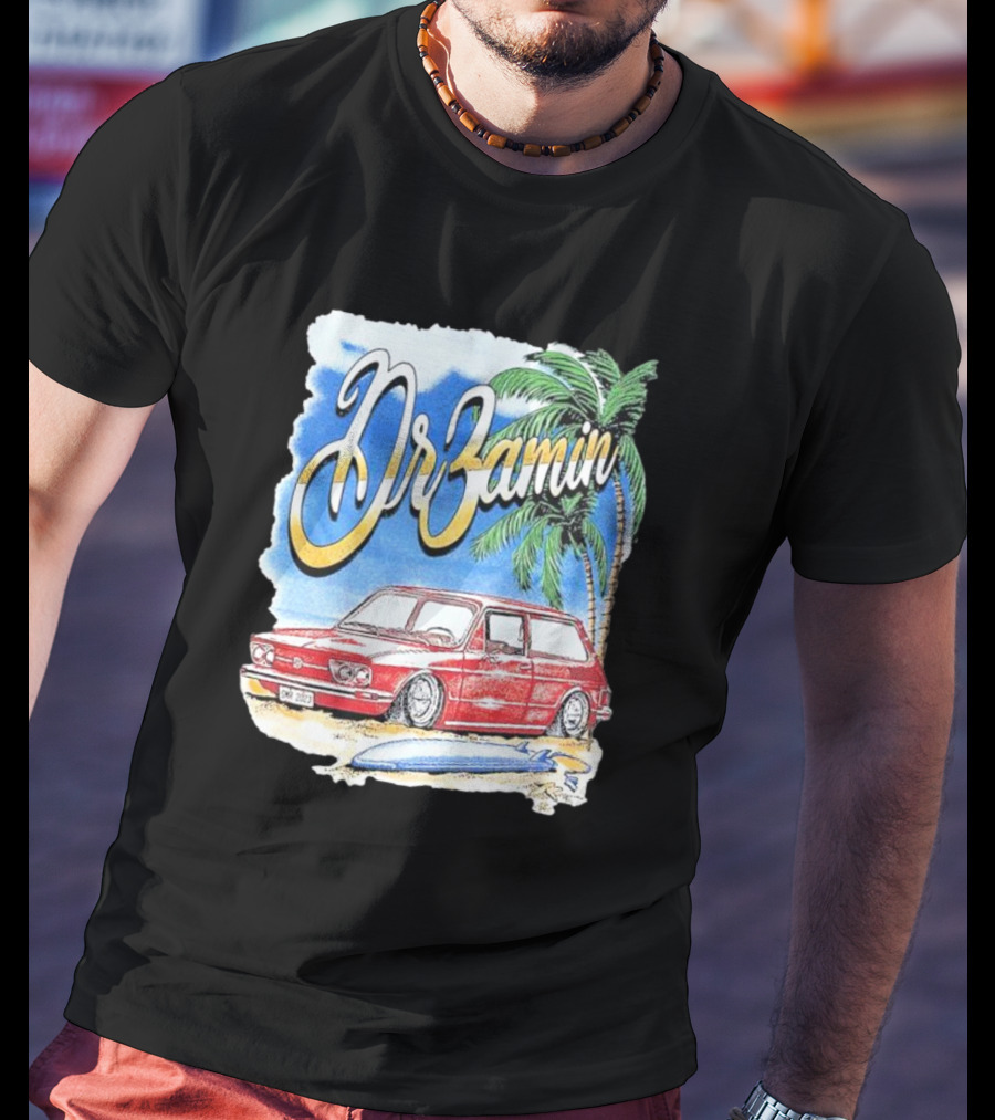 DrZamin Red Car Tropical Beach Scene With Palm Trees Surfboard T-Shirt