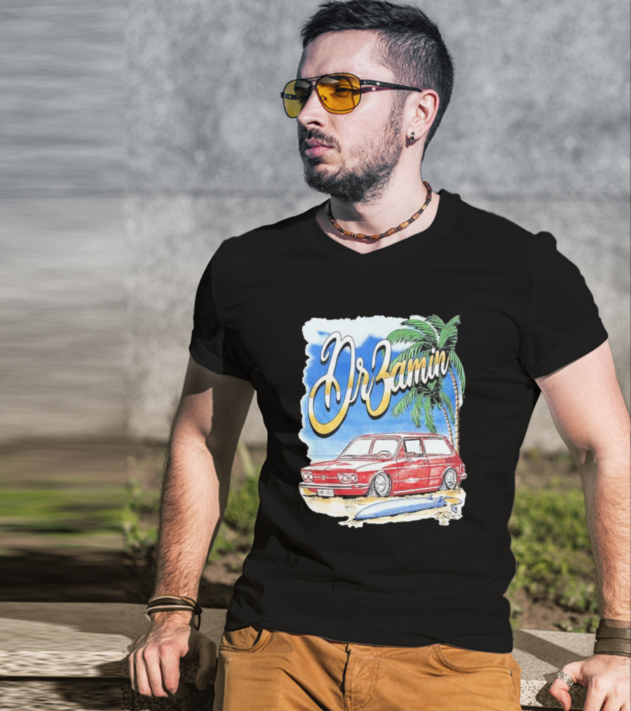 DrZamin Red Car Tropical Beach Scene With Palm Trees Surfboard T-Shirt
