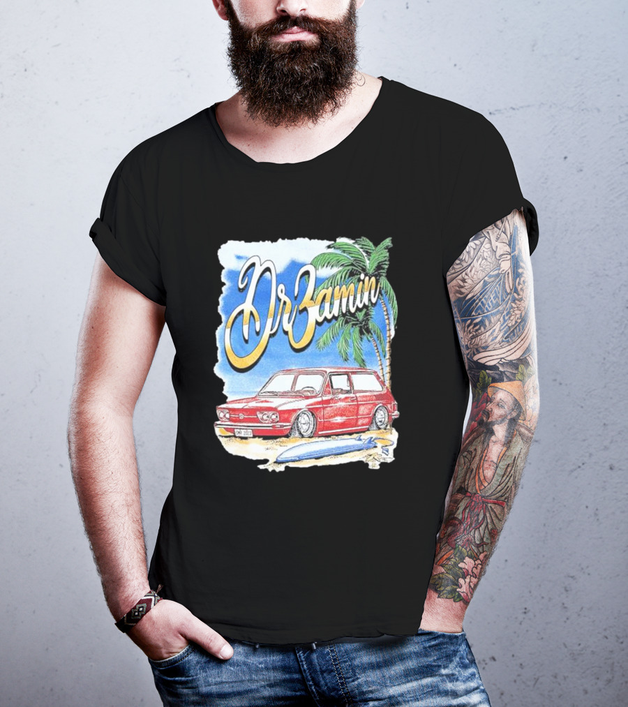 DrZamin Red Car Tropical Beach Scene With Palm Trees Surfboard T-Shirt