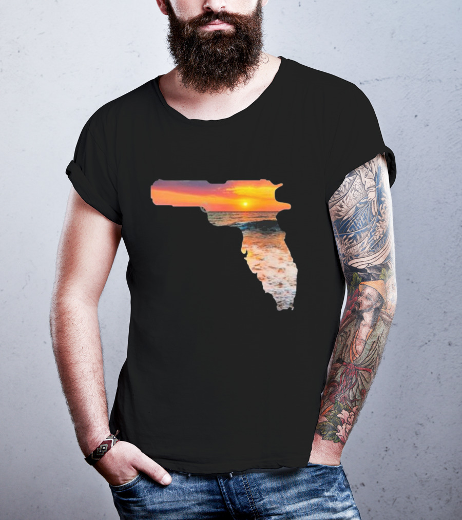 Florida The Gunshine State Gun Map Sunset Beach Scene T-Shirt