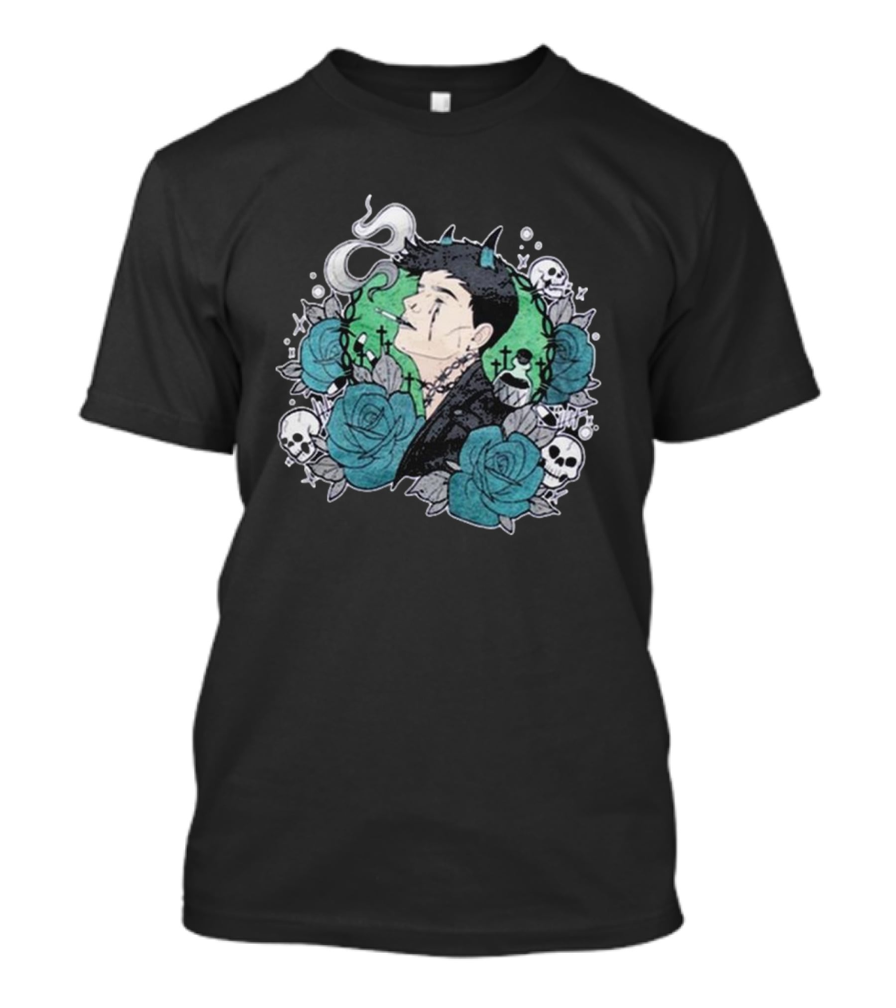 Costee Vampyyri Gothic Blue Roses And Skulls With Vampire And Smoke T-Shirt