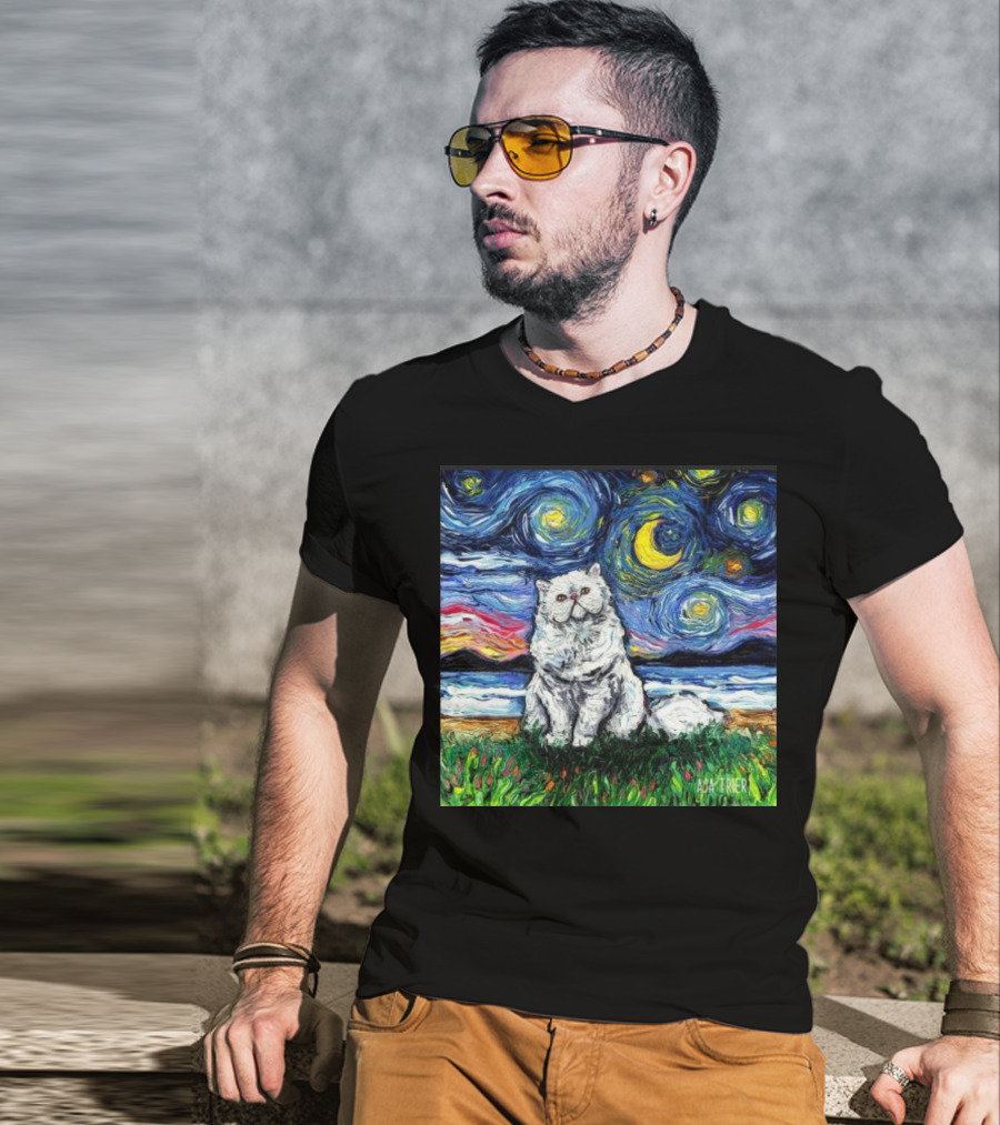 Aja Trier Starry Night Persian Cat Painting T-Shirt