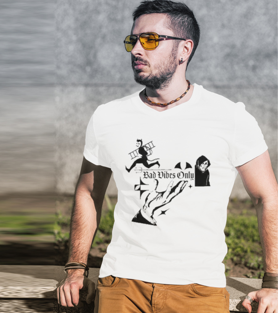 Bad Vibes Only Devil Ladder Grim Reaper Hand Gesture T-Shirt