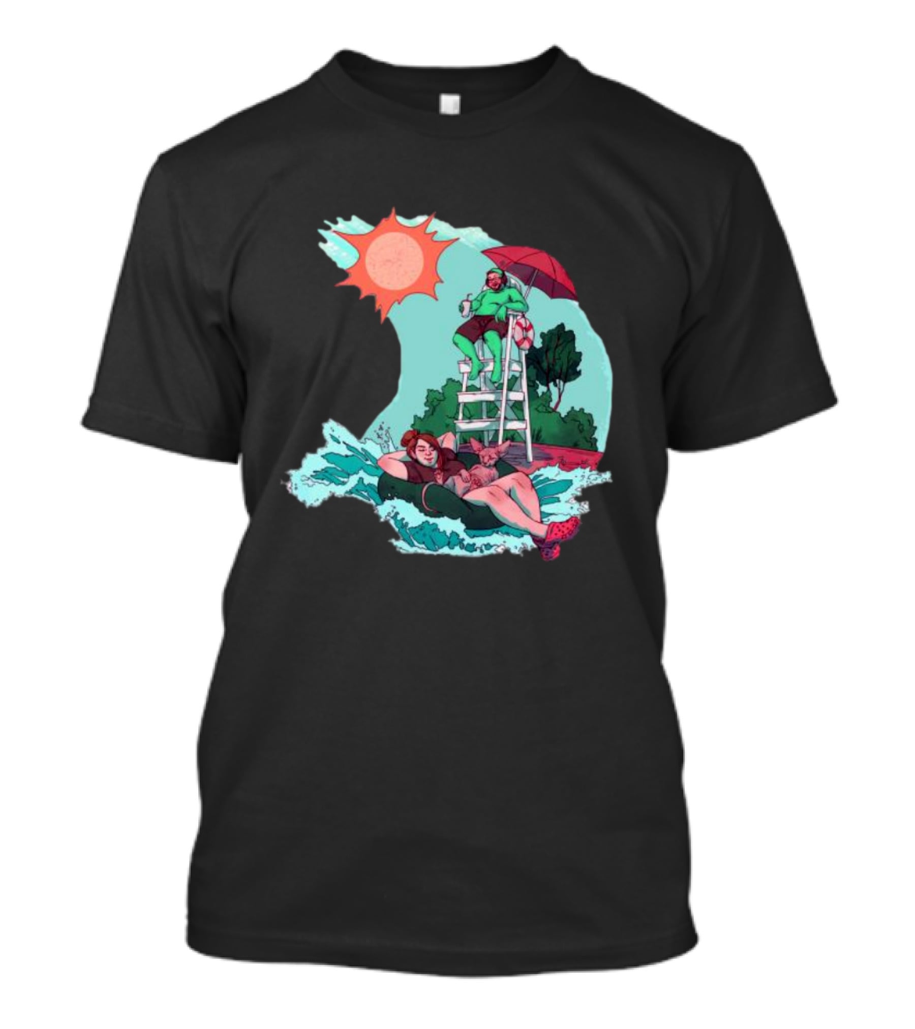 Wubby Relaxing Poolside With Lifeguard On Duty Under Vibrant Sun Umbrella T-Shirt