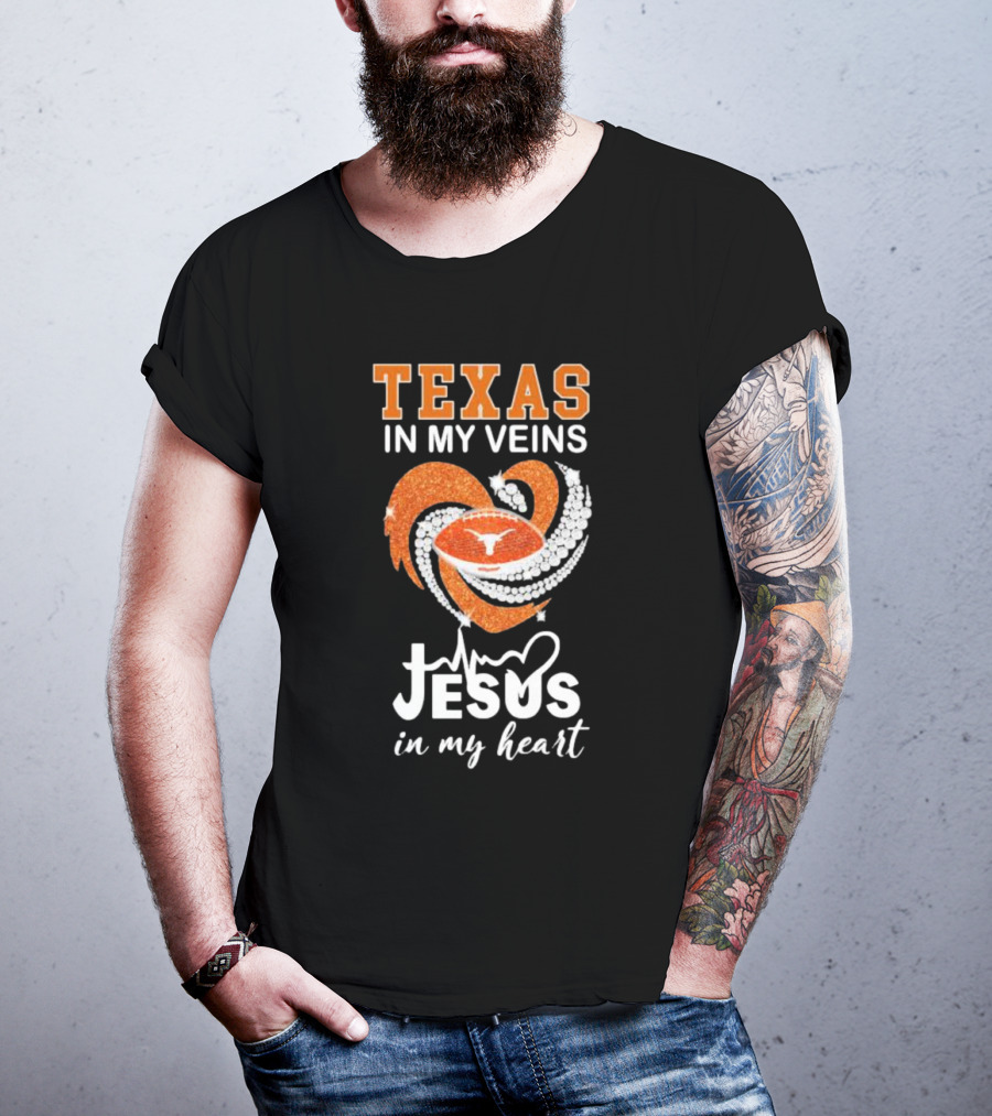 Texas In My Veins Jesus In My Heart Football Diamond T-Shirt