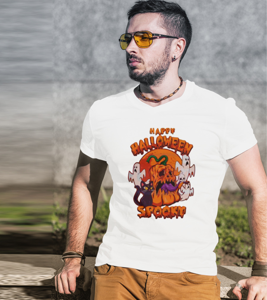 Happy Halloween Spooky Horror Pumpkin Ghosts Black Cat T-Shirt