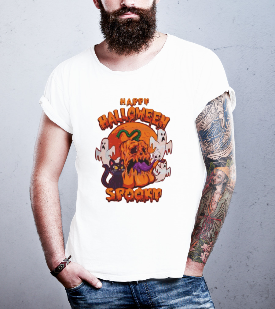 Happy Halloween Spooky Horror Pumpkin Ghosts Black Cat T-Shirt