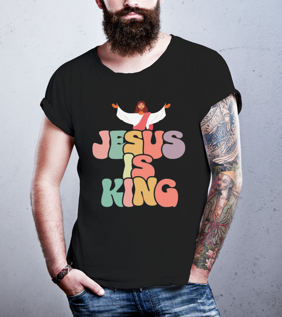 Jesus Is King Retro Typography With Open-Armed Jesus T-Shirt