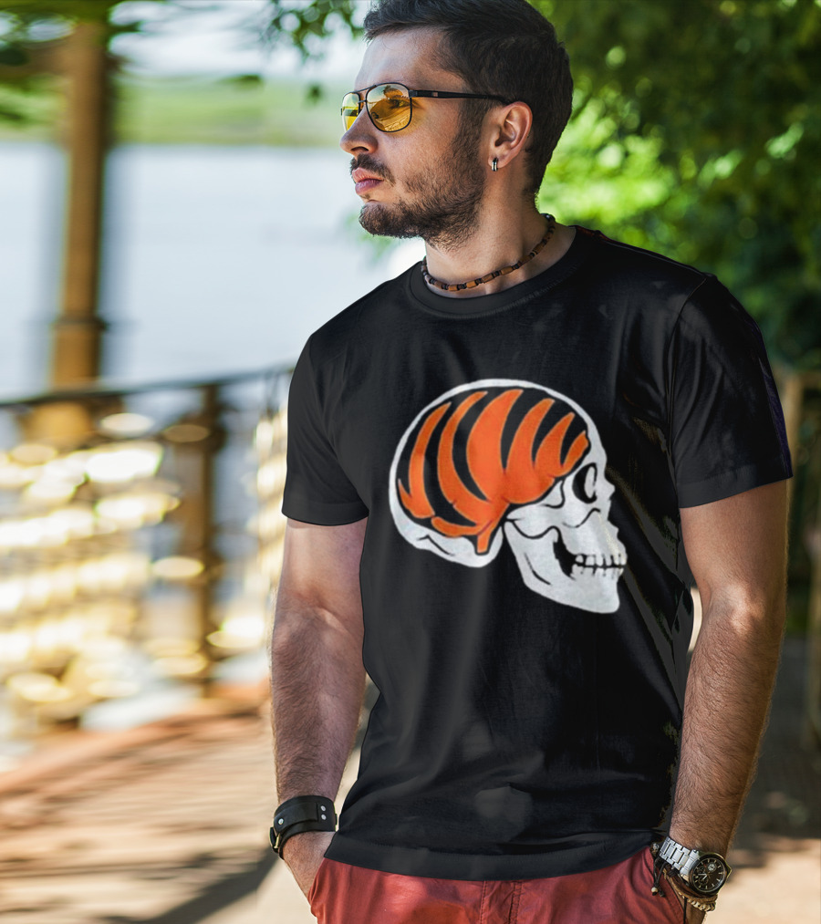 Goodberry Bengals Brain Skull With Orange Tiger Stripes T-Shirt