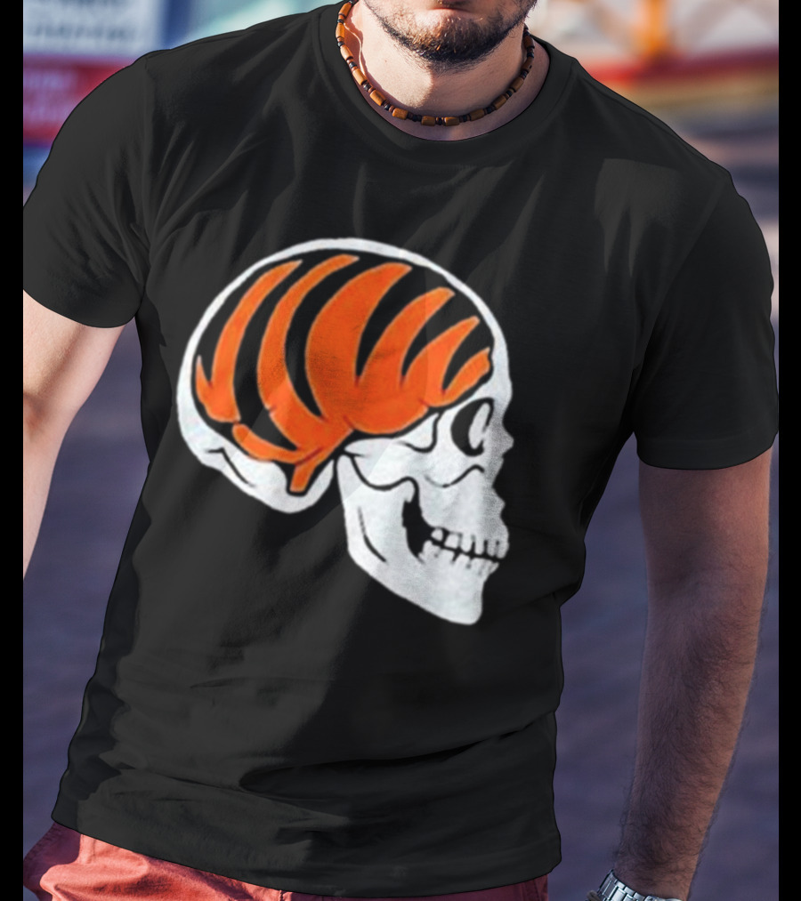 Goodberry Bengals Brain Skull With Orange Tiger Stripes T-Shirt