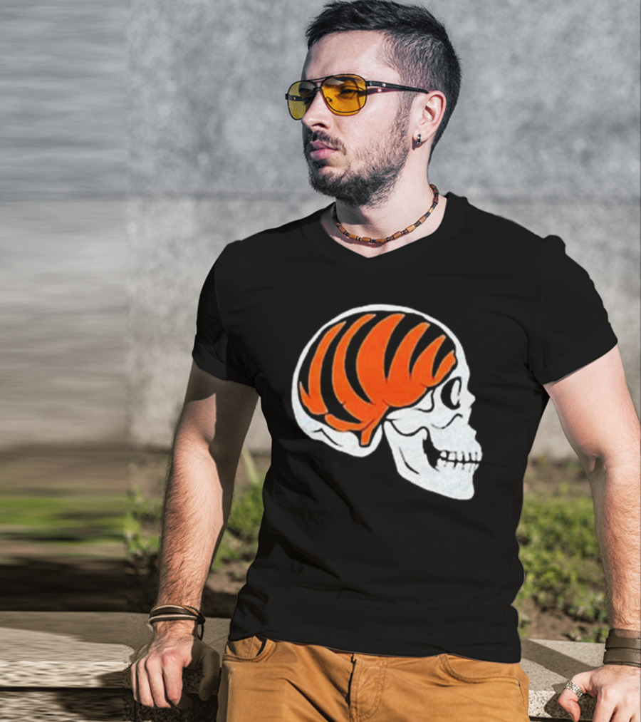 Goodberry Bengals Brain Skull With Orange Tiger Stripes T-Shirt