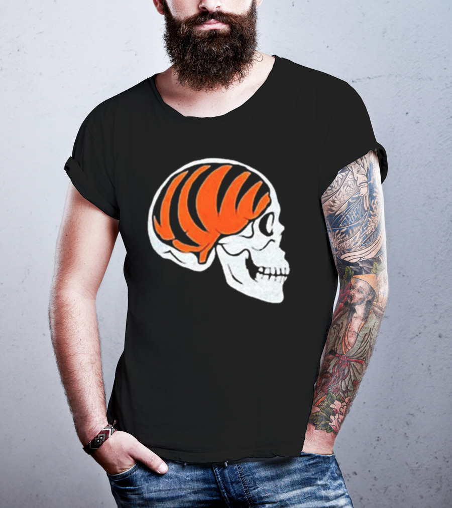 Goodberry Bengals Brain Skull With Orange Tiger Stripes T-Shirt