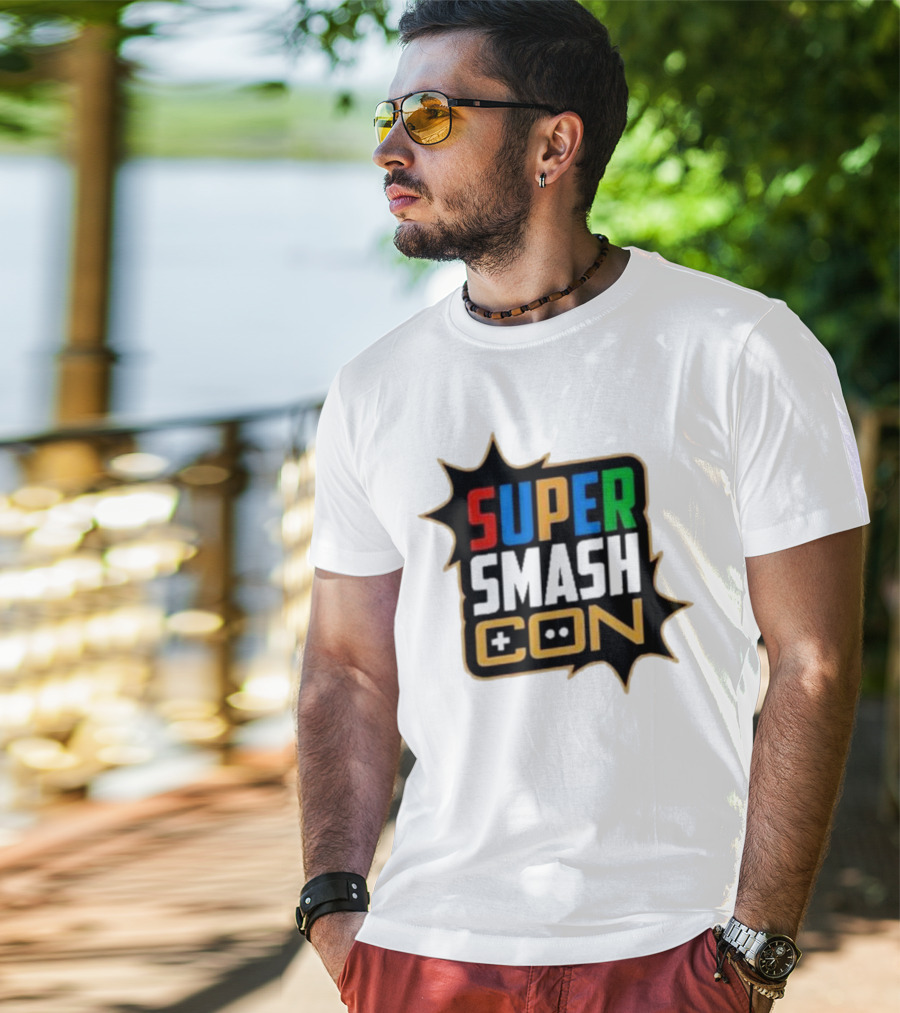 Super Smash Con Logo With Game Controller Icon Colors Burst T-Shirt