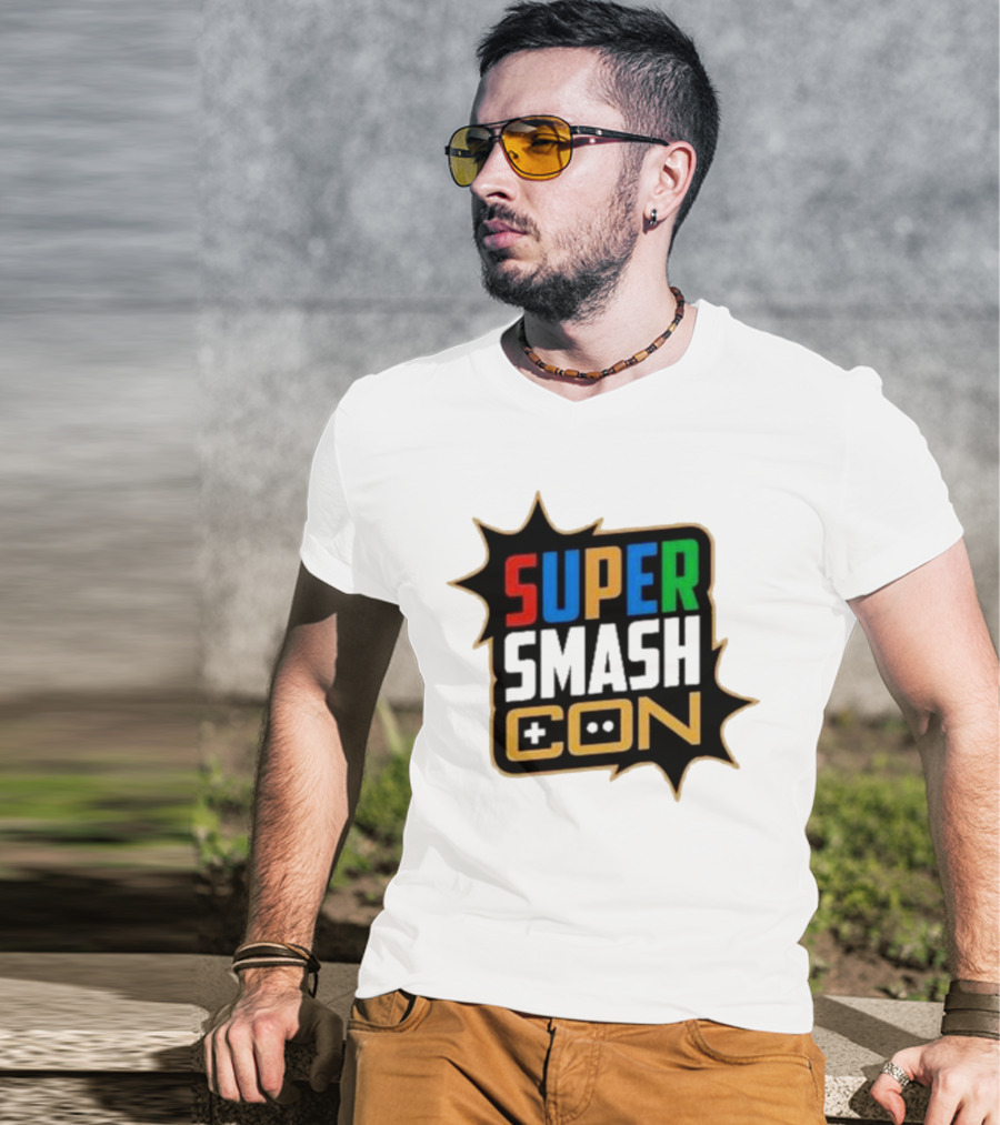 Super Smash Con Logo With Game Controller Icon Colors Burst T-Shirt