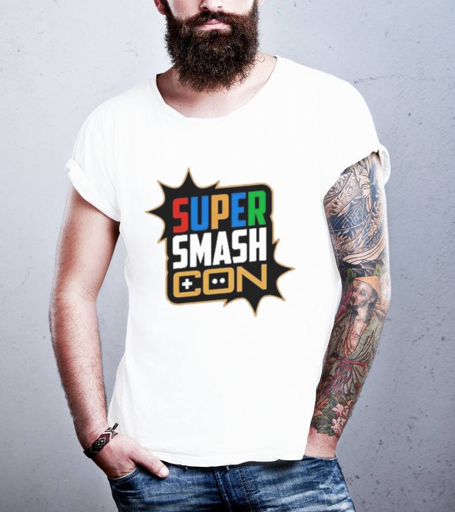 Super Smash Con Logo With Game Controller Icon Colors Burst T-Shirt