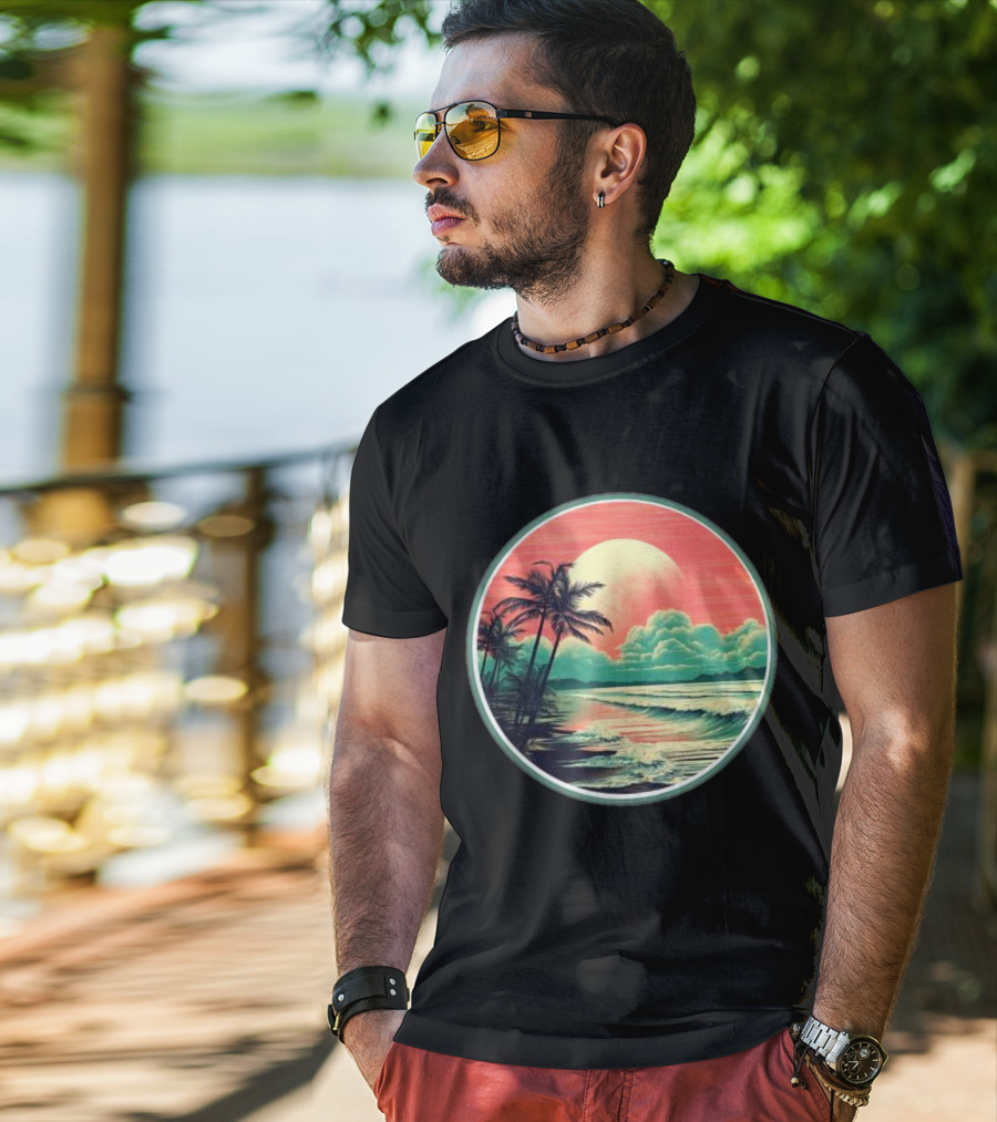 Tropical Ocean Moonscape Palms Waves Sunset Sky T-Shirt