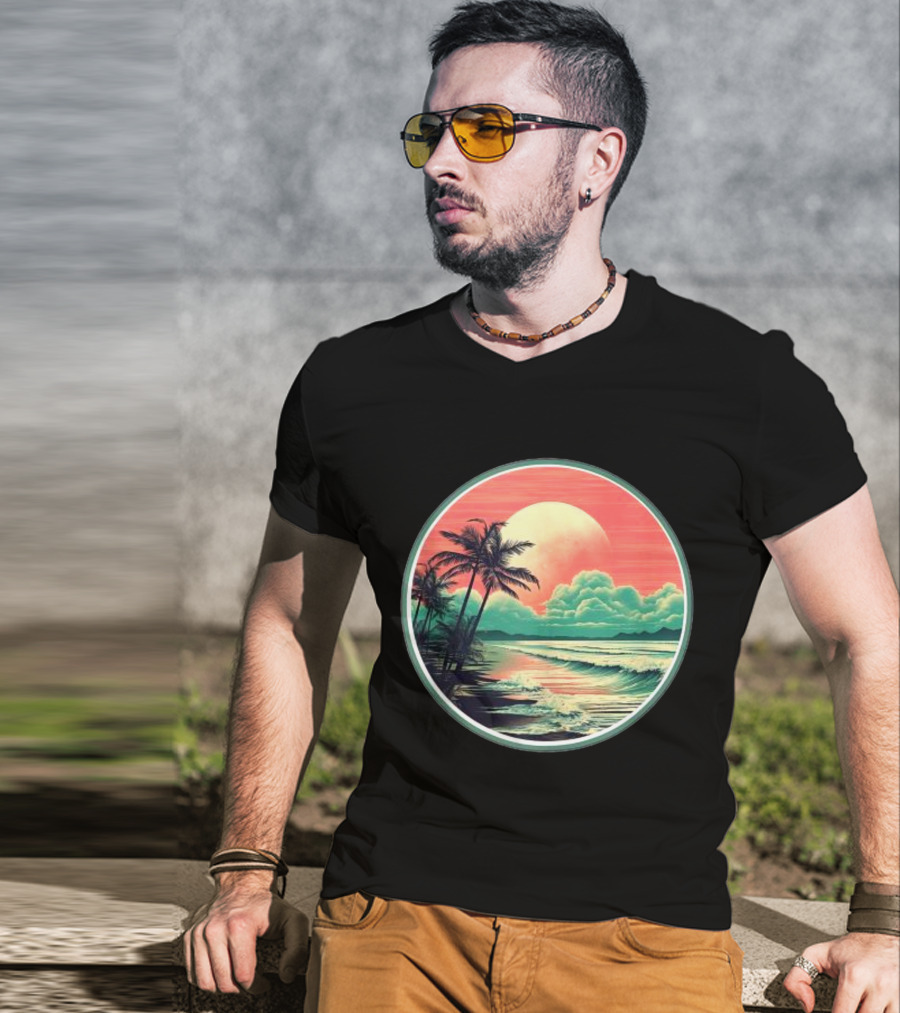 Tropical Ocean Moonscape Palms Waves Sunset Sky T-Shirt