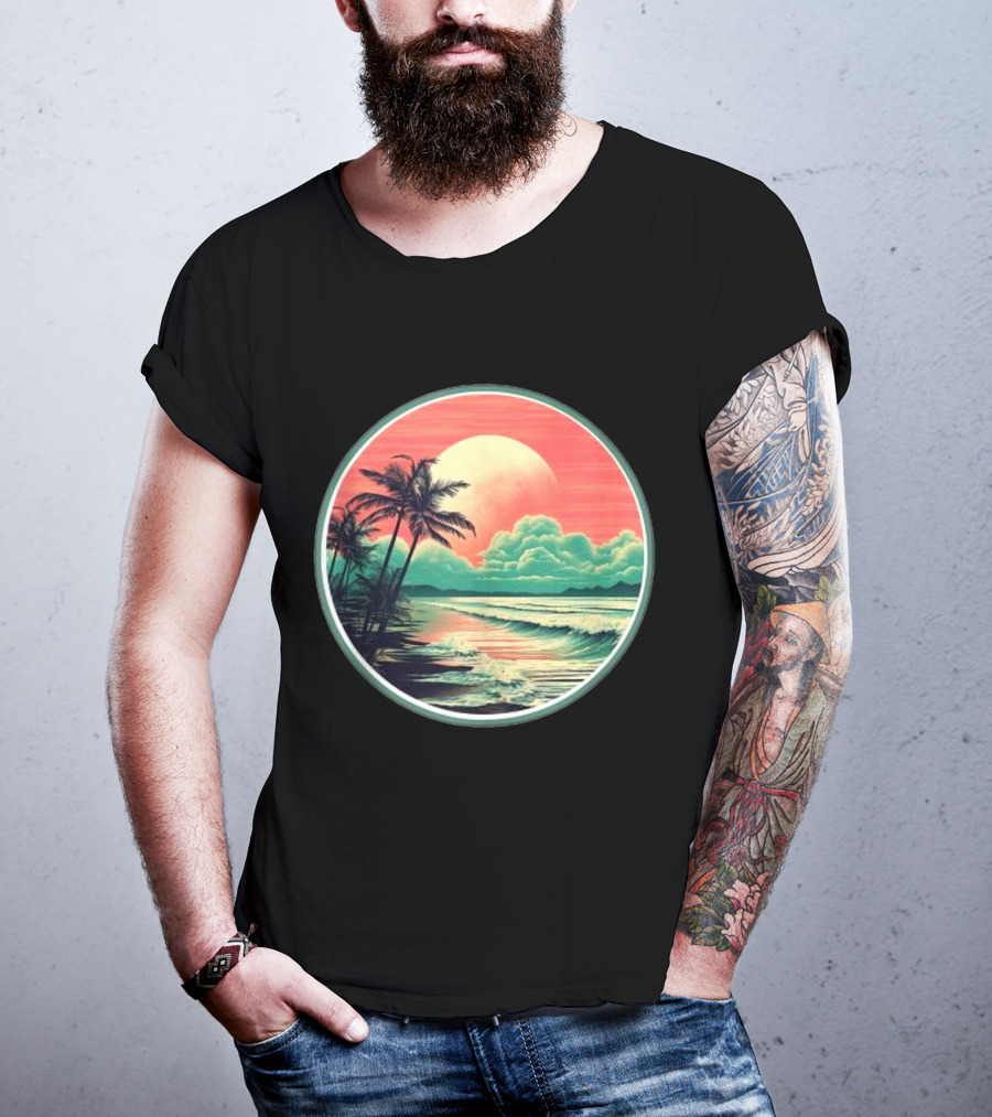 Tropical Ocean Moonscape Palms Waves Sunset Sky T-Shirt