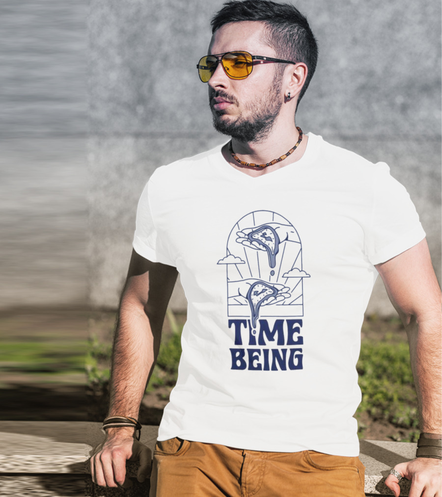 Time Being Dripping Clocks In Hands With Clouds T-Shirt