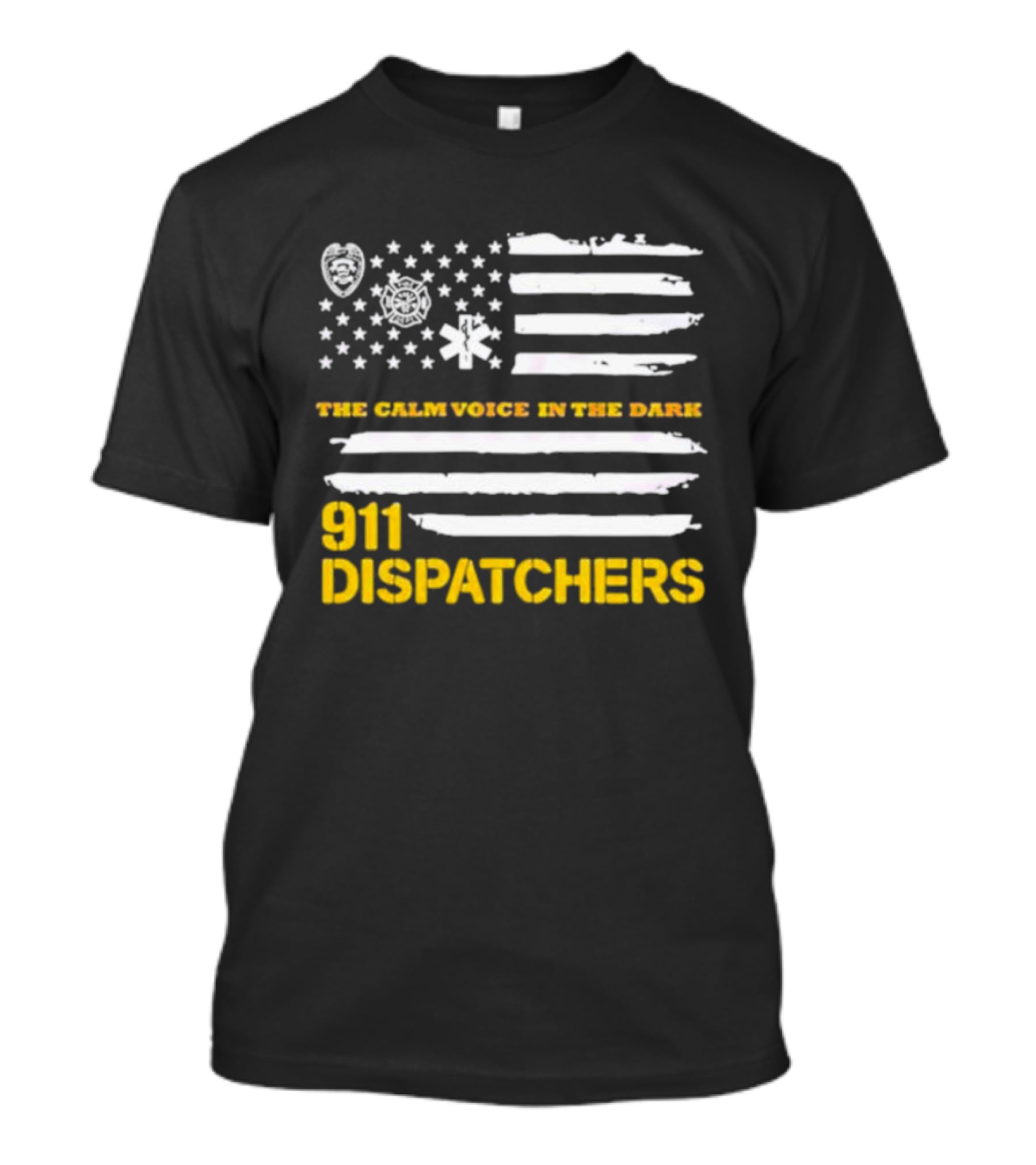 911 Dispatchers The Calm Voice In The Dark With Emergency Symbols And Distressed American Flag T-Shirt