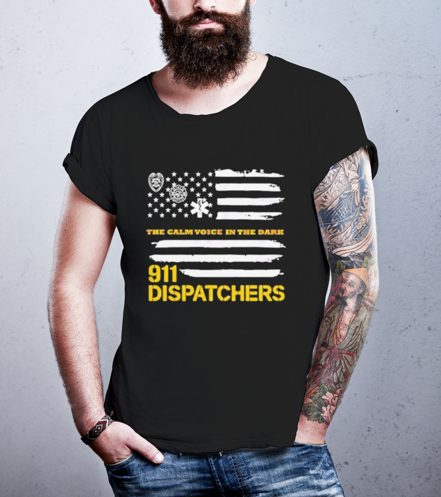 911 Dispatchers The Calm Voice In The Dark With Emergency Symbols And Distressed American Flag T-Shirt