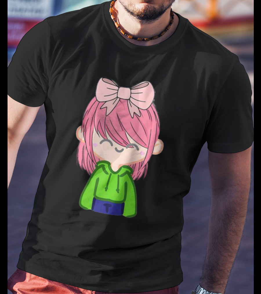 Alli Cat Pink Hair Girl Green Hoodie Bow Raglan Baseball T-Shirt
