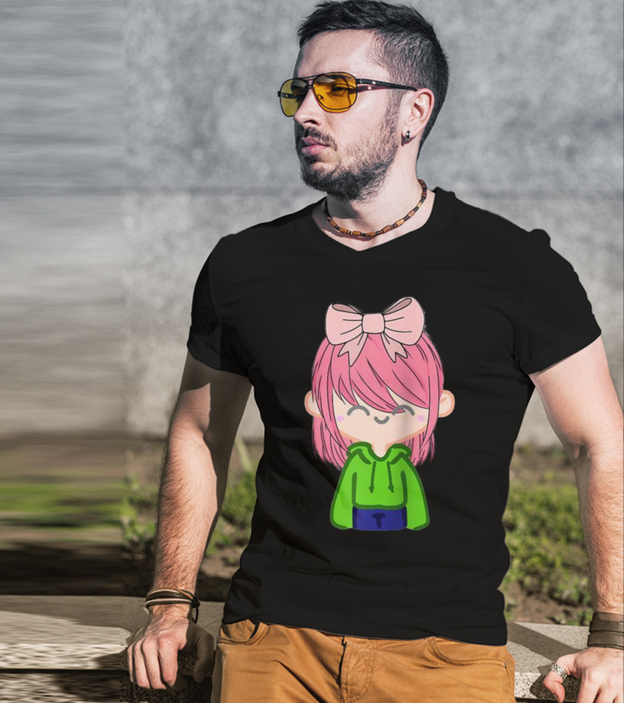Alli Cat Pink Hair Girl Green Hoodie Bow Raglan Baseball T-Shirt