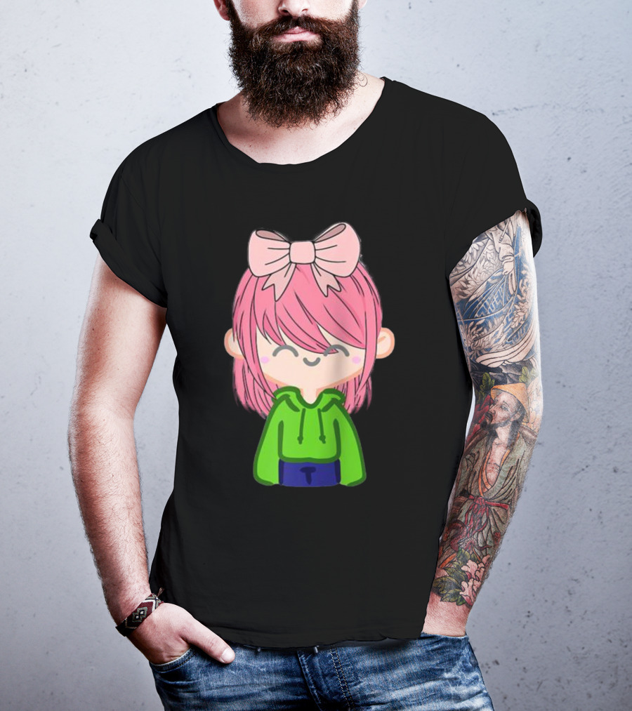Alli Cat Pink Hair Girl Green Hoodie Bow Raglan Baseball T-Shirt