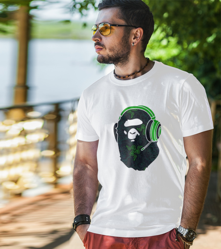 Bape X Razer Neon Camo Ape Head With Green Gaming Headset T-Shirt