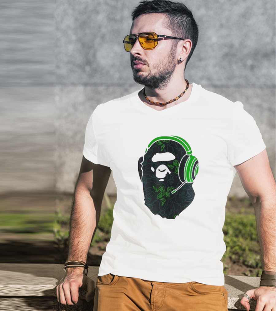 Bape X Razer Neon Camo Ape Head With Green Gaming Headset T-Shirt