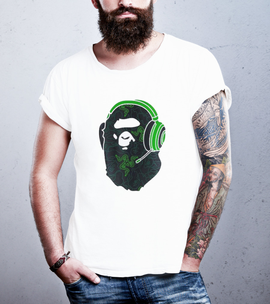 Bape X Razer Neon Camo Ape Head With Green Gaming Headset T-Shirt