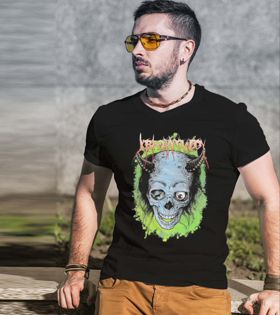 Job For A Cowboy Demon Skull Green Background T-Shirt