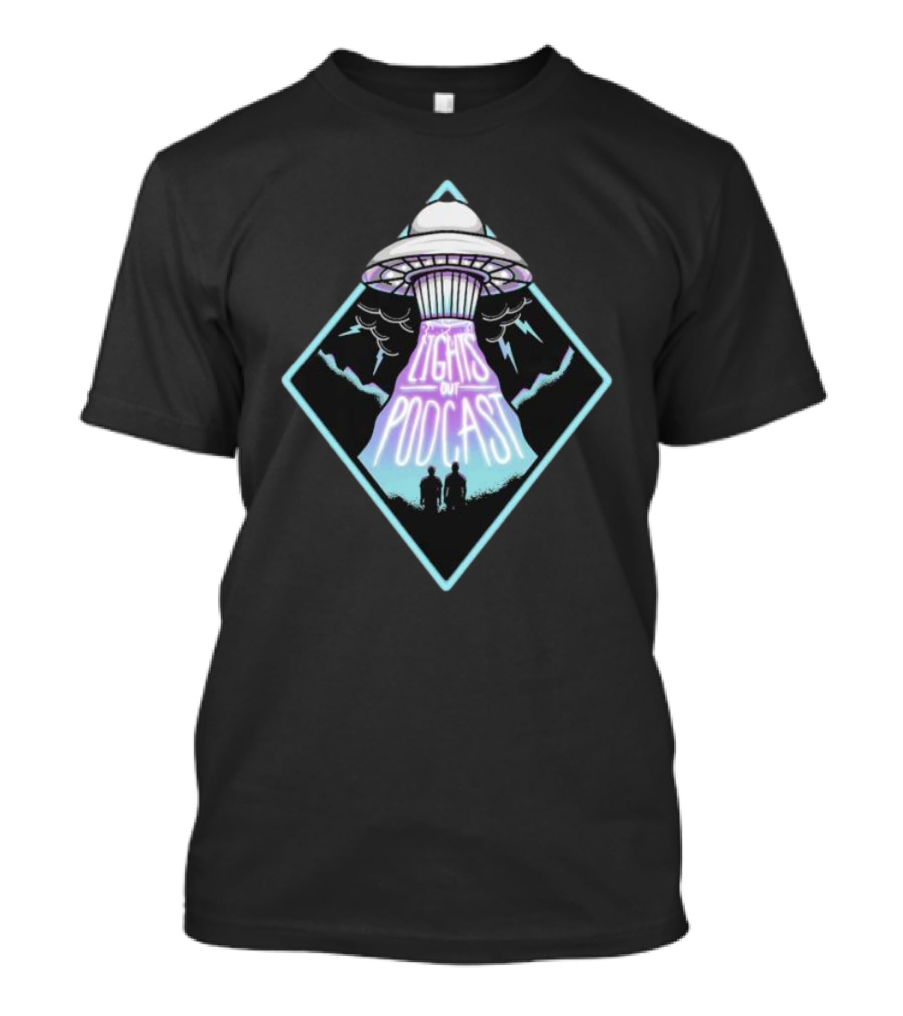 Lights Out Podcast UFO Design With Silhouette And Lightning T-Shirt