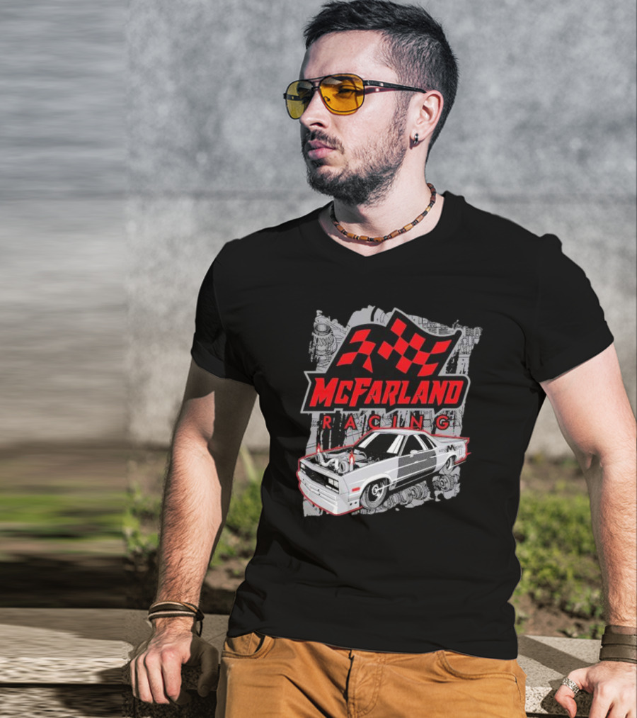 McFarland Racing Cleetus Mullet Turbocharged Car And Checkered Flag T-Shirt
