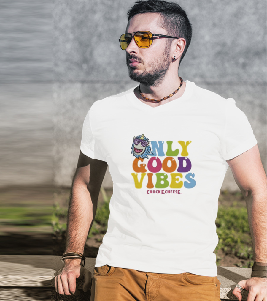 Unicorn Only Good Vibes Chuck E. Cheese Rainbow T-Shirt