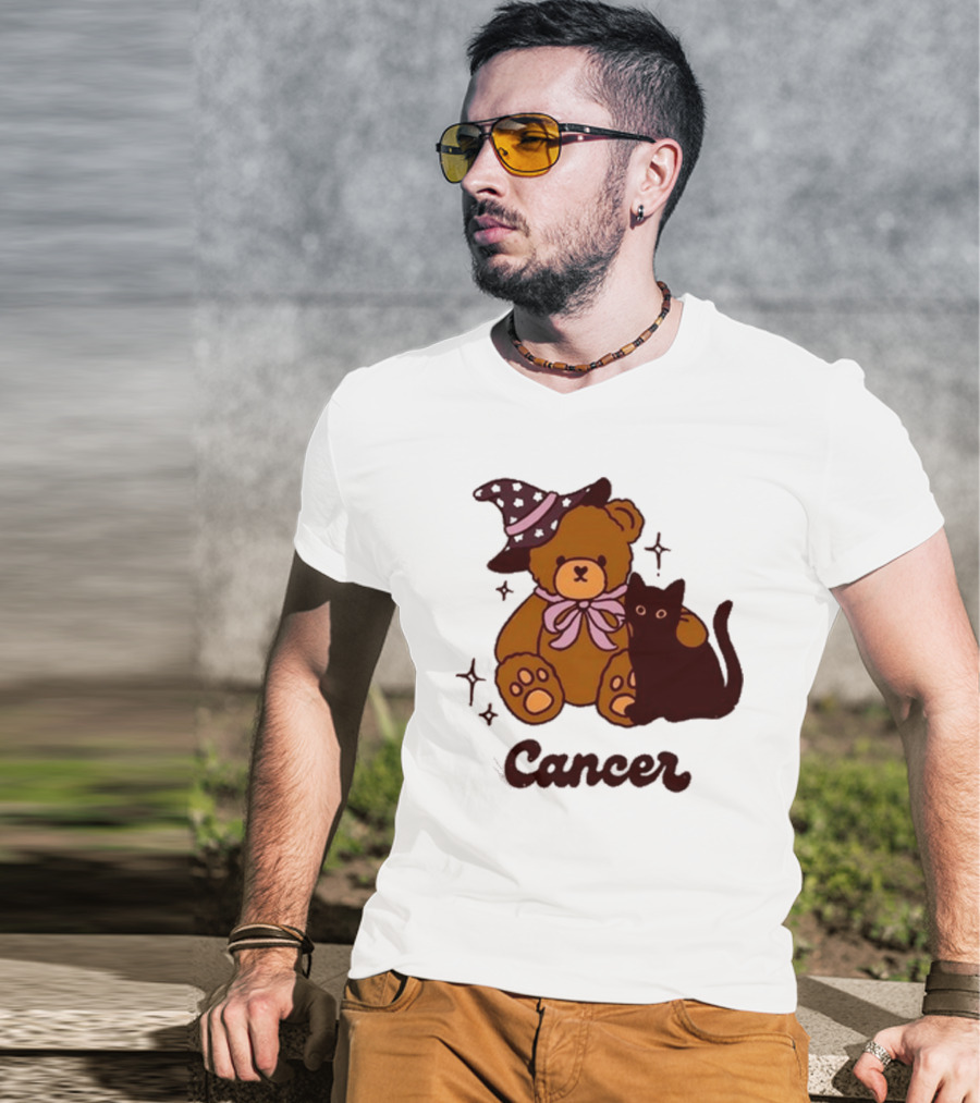 Cancer Teddy Bear With Witch Hat And Black Cat T-Shirt