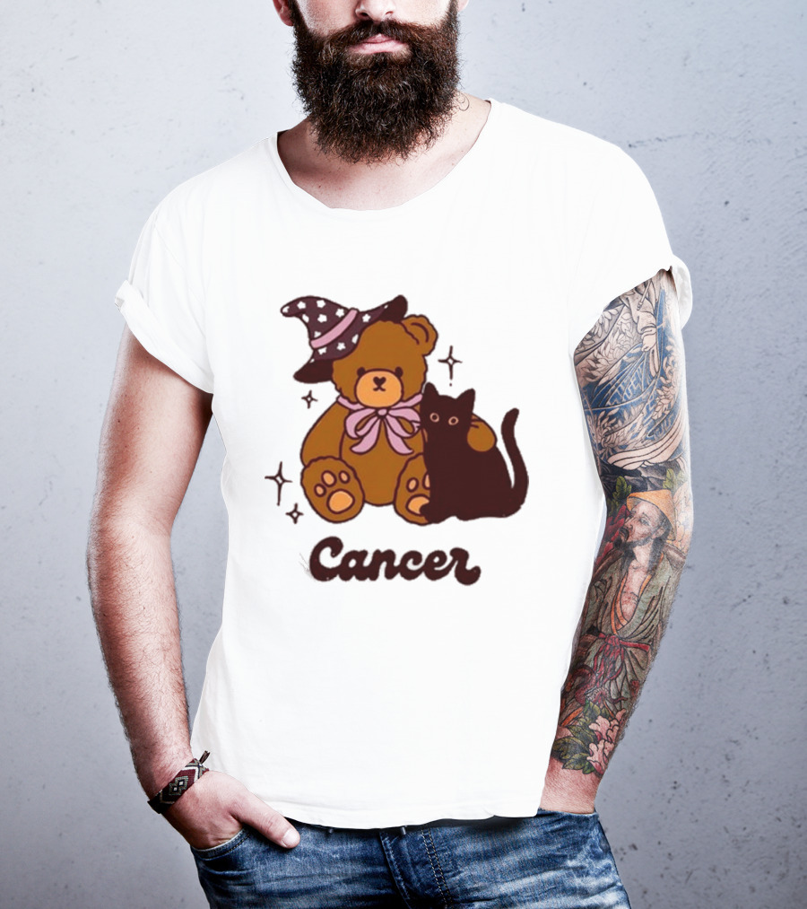 Cancer Teddy Bear With Witch Hat And Black Cat T-Shirt