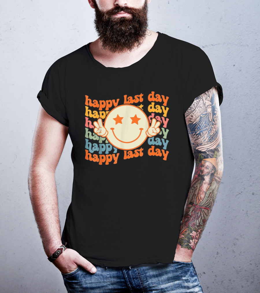Groovy Happy Last Day Smile Face Peace Sign Teacher Student T-Shirt